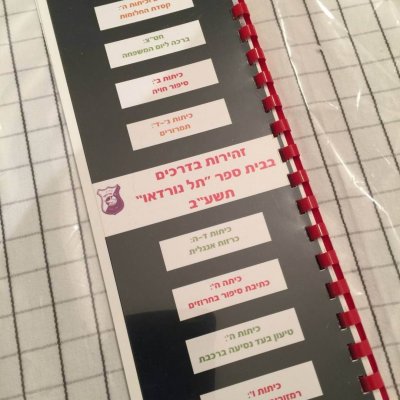 חוברת המשקפת עשייה בנושא זהירות בדרכים. ריכוז העשייה בנושא זהירות בדרכים לקראת תחרות בתי הספר המובילים בחינוך לביטחון בדרכים, או לחלוקה לקהילה לשיקוף העשייה החינוכית בנושא.